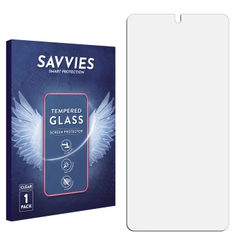 Front side of a product packaging with the brand logo Savvies. Next to it is the corresponding screen protector.