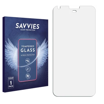 Front side of a product packaging with the brand logo Savvies. Next to it is the corresponding screen protector.
