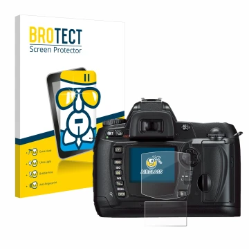 Front side of a product packaging with the brand logo BROTECT. Next to it is the device Nikon D70 shown with the corresponding