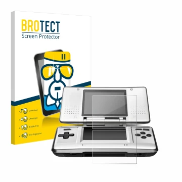 Front side of a product packaging with the brand logo BROTECT. Next to it is the device Nintendo DS shown with the correspondi