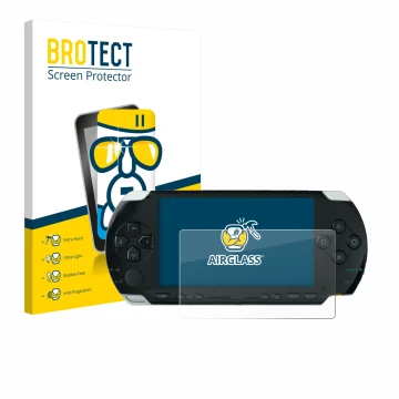 Front side of a product packaging with the brand logo BROTECT. Next to it is the device Sony PSP 1000 shown with the correspon