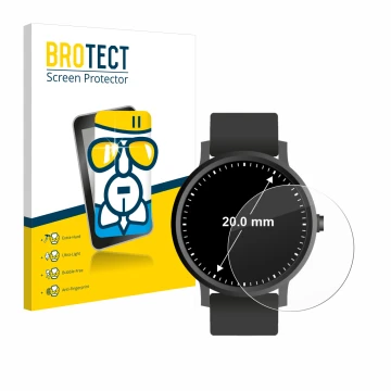 Front side of a product packaging with the brand logo BROTECT. Next to it is the device Watches (Circular, ø: 20 mm) shown wit