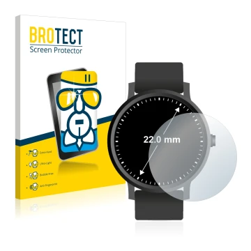Front side of a product packaging with the brand logo BROTECT. Next to it is the device Watches (Circular, ø: 22 mm) shown wit