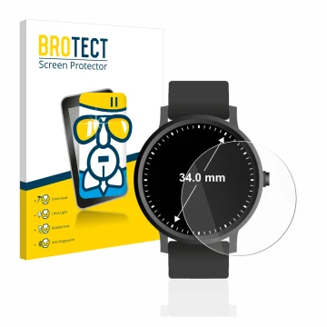 Front side of a product packaging with the brand logo BROTECT. Next to it is the device Watches (Circular, ø: 34 mm) shown wit