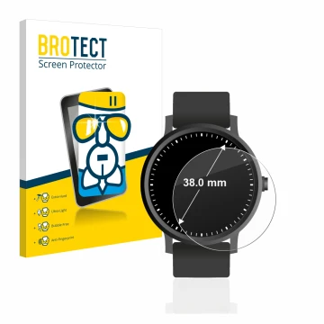 Front side of a product packaging with the brand logo BROTECT. Next to it is the device Watches (Circular, ø: 38 mm) shown wit