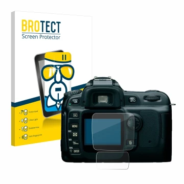 Front side of a product packaging with the brand logo BROTECT. Next to it is the device Nikon D50 shown with the corresponding