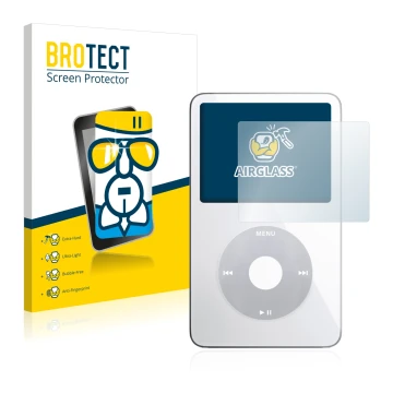 Front side of a product packaging with the brand logo BROTECT. Next to it is the device Apple iPod classic video Display (5th.