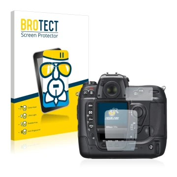 Front side of a product packaging with the brand logo BROTECT. Next to it is the device Nikon D2X shown with the corresponding