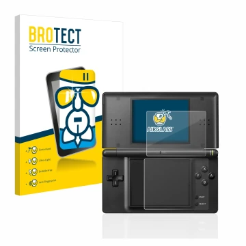 Front side of a product packaging with the brand logo BROTECT. Next to it is the device Nintendo DS LITE shown with the corres