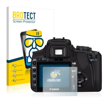 Front side of a product packaging with the brand logo BROTECT. Next to it is the device Canon EOS 400D shown with the correspo