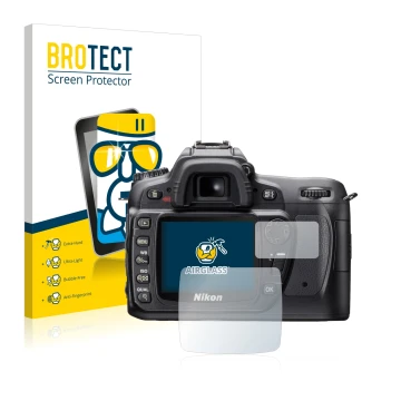 Front side of a product packaging with the brand logo BROTECT. Next to it is the device Nikon D80 shown with the corresponding