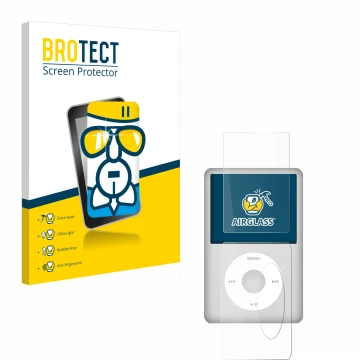 Front side of a product packaging with the brand logo BROTECT. Next to it is the device Apple iPod Classic (Front+Back, 5.5 Ge
