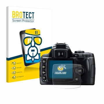 Front side of a product packaging with the brand logo BROTECT. Next to it is the device Nikon D40 shown with the corresponding