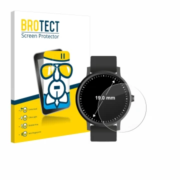 Front side of a product packaging with the brand logo BROTECT. Next to it is the device Watches (Circular, ø: 19 mm) shown wit
