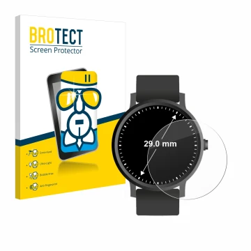 Front side of a product packaging with the brand logo BROTECT. Next to it is the device Watches (Circular, ø: 29 mm) shown wit