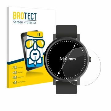 Front side of a product packaging with the brand logo BROTECT. Next to it is the device Watches (circular, ø: 31 mm) shown wit