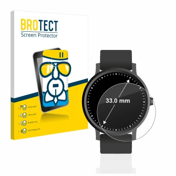 Front side of a product packaging with the brand logo BROTECT. Next to it is the device Watches (Circular, ø: 33 mm) shown wit