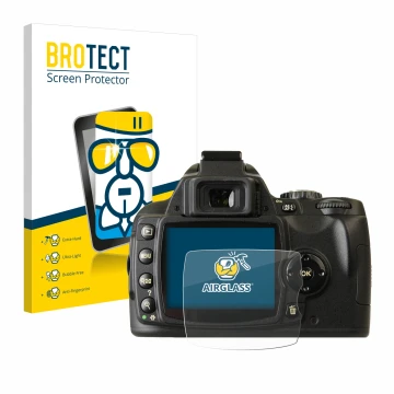 Front side of a product packaging with the brand logo BROTECT. Next to it is the device Nikon D40x shown with the correspondin