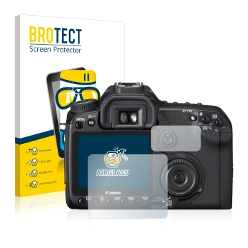 Front side of a product packaging with the brand logo BROTECT. Next to it is the device Canon EOS 40D shown with the correspon
