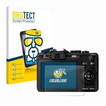 Front side of a product packaging with the brand logo BROTECT. Next to it is the device Canon PowerShot G9 shown with the corr