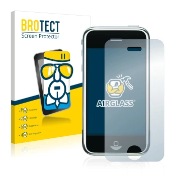 Front side of a product packaging with the brand logo BROTECT. Next to it is the device Apple iPhone 2G shown with the corresp