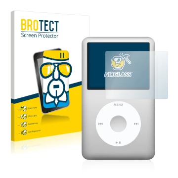 Front side of a product packaging with the brand logo BROTECT. Next to it is the device Apple iPod Classic (6th. Gen.) shown w