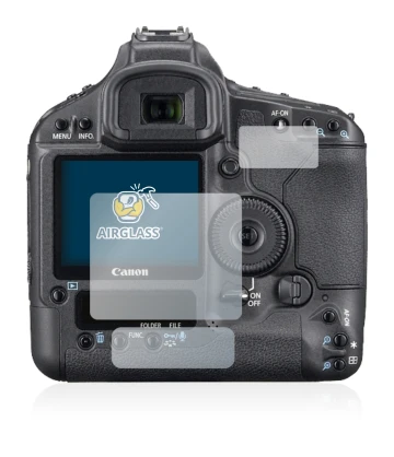 Front side of a product packaging with the brand logo BROTECT. Next to it is the device Canon EOS 1Ds Mark III shown with the 