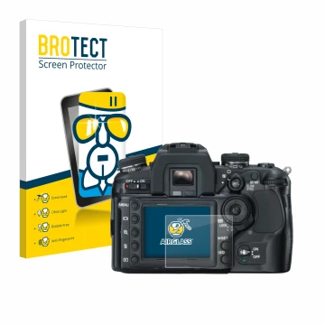 Front side of a product packaging with the brand logo BROTECT. Next to it is the device Konica Minolta Dynax 7D shown with the