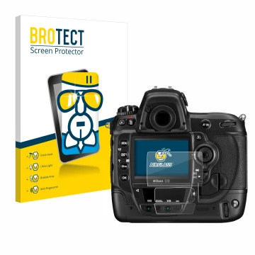 Front side of a product packaging with the brand logo BROTECT. Next to it is the device Nikon D3 shown with the corresponding 