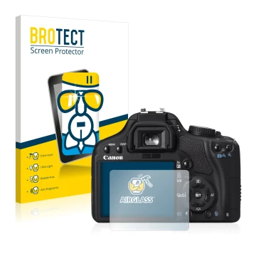 Front side of a product packaging with the brand logo BROTECT. Next to it is the device Canon EOS 450D shown with the correspo