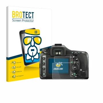 Front side of a product packaging with the brand logo BROTECT. Next to it is the device Pentax K20D shown with the correspondi