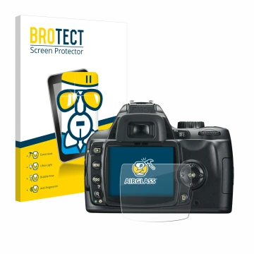 Front side of a product packaging with the brand logo BROTECT. Next to it is the device Nikon D60 shown with the corresponding