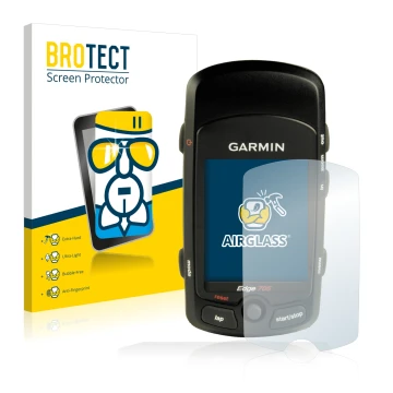 Front side of a product packaging with the brand logo BROTECT. Next to it is the device Garmin Edge 705 shown with the corresp