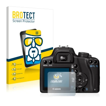 Front side of a product packaging with the brand logo BROTECT. Next to it is the device Canon EOS 1000D shown with the corresp