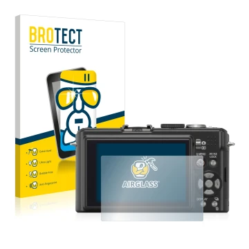 Front side of a product packaging with the brand logo BROTECT. Next to it is the device Panasonic Lumix DMC-LX3 shown with the