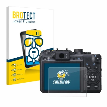 Front side of a product packaging with the brand logo BROTECT. Next to it is the device Canon PowerShot G10 shown with the cor