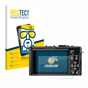 Front side of a product packaging with the brand logo BROTECT. Next to it is the device Leica D-Lux 4 shown with the correspon