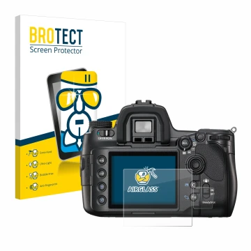 Front side of a product packaging with the brand logo BROTECT. Next to it is the device Sony Alpha 900 (DSLR-A900) shown with 