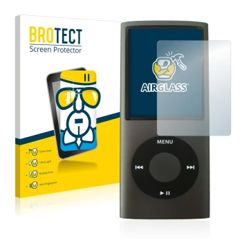 Front side of a product packaging with the brand logo BROTECT. Next to it is the device Apple iPod nano (4th Gen.) shown with 