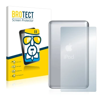 Front side of a product packaging with the brand logo BROTECT. Next to it is the device Apple iPod classic 120 GB (Back, 7th G