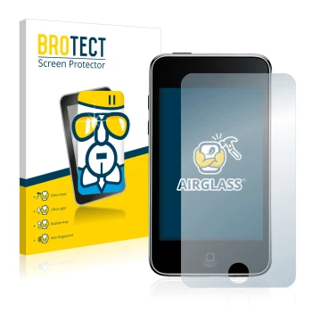 Front side of a product packaging with the brand logo BROTECT. Next to it is the device Apple iPod Touch (2nd Gen.) shown with