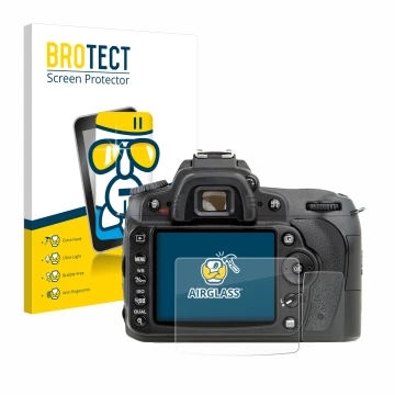 Front side of a product packaging with the brand logo BROTECT. Next to it is the device Nikon D90 shown with the corresponding