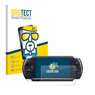 Front side of a product packaging with the brand logo BROTECT. Next to it is the device Sony PSP 3000 shown with the correspon