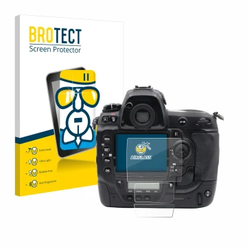 Front side of a product packaging with the brand logo BROTECT. Next to it is the device Nikon D3x shown with the corresponding