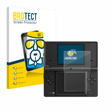 Front side of a product packaging with the brand logo BROTECT. Next to it is the device Nintendo DSi shown with the correspond