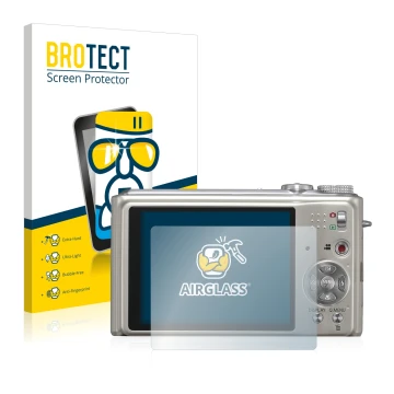 Front side of a product packaging with the brand logo BROTECT. Next to it is the device Panasonic Lumix DMC-TZ7 shown with the