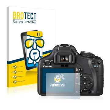 Front side of a product packaging with the brand logo BROTECT. Next to it is the device Canon EOS 500D shown with the correspo