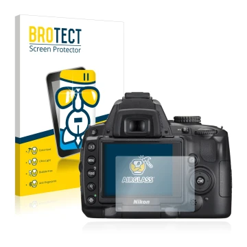 Front side of a product packaging with the brand logo BROTECT. Next to it is the device Nikon D5000 shown with the correspondi