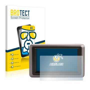 Front side of a product packaging with the brand logo BROTECT. Next to it is the device Garmin zumo 660 Europa shown with the 