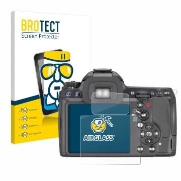 Front side of a product packaging with the brand logo BROTECT. Next to it is the device Pentax K7, K-7 shown with the correspo